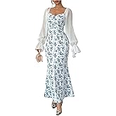 SweatyRocks Women's Floral Print Bodycon Fishtail Dress Ruched Lantern Long Sleeve Holiday Dresses
