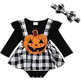 Newborn Girl Halloween Outfit Pumpkin Romper Dress Plaid Tutu Bodysuit Skirt Headband Baby First Halloween Set (Plaid Black, 3-6 Months)