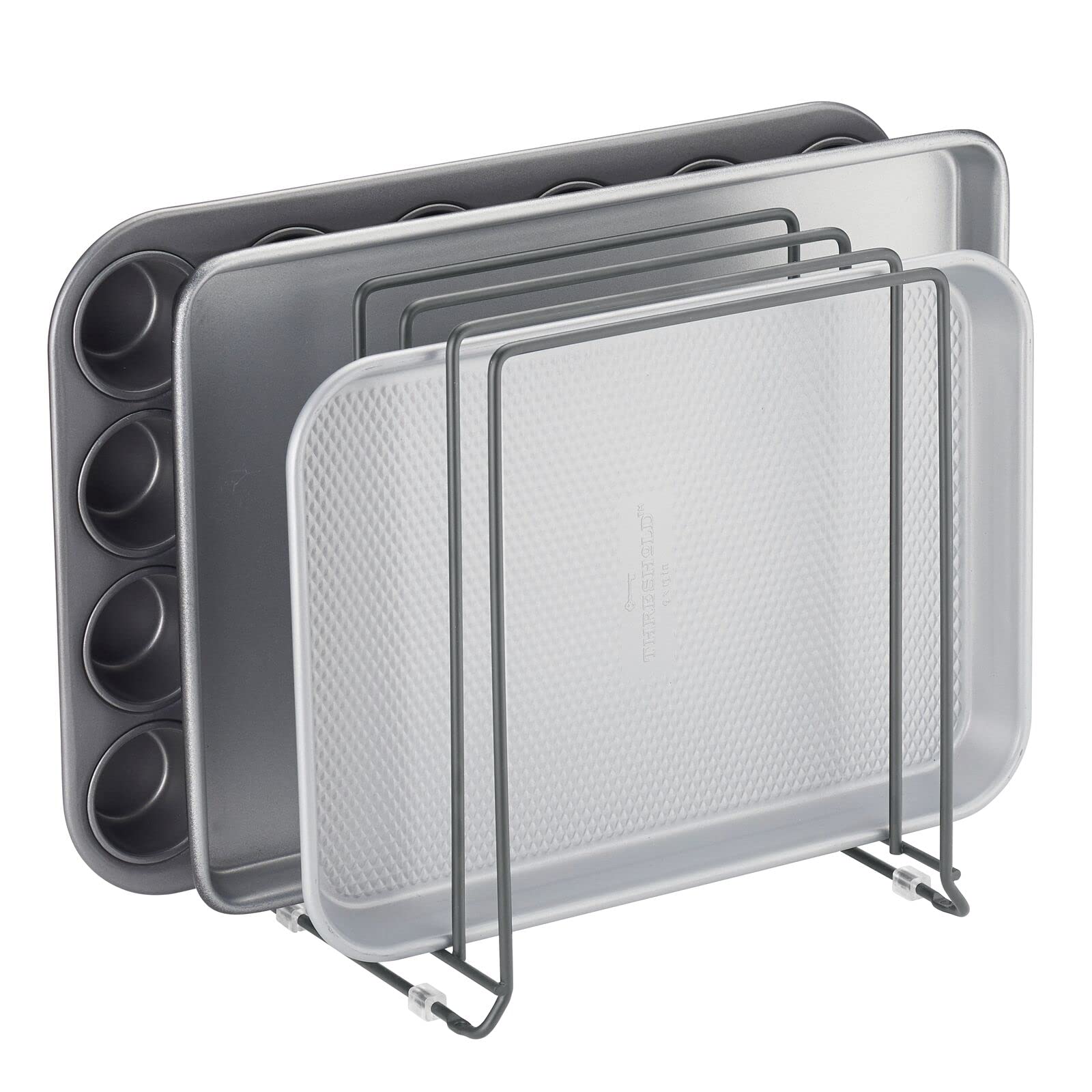 mDesign Pot Lid and Pan Rack Metal Wire Rack for Cabinets, Pantries or Kitchen Surfaces standing Pan Stand with 5 Slots for Pans, Pots, Lids and Crockery Dark Grey