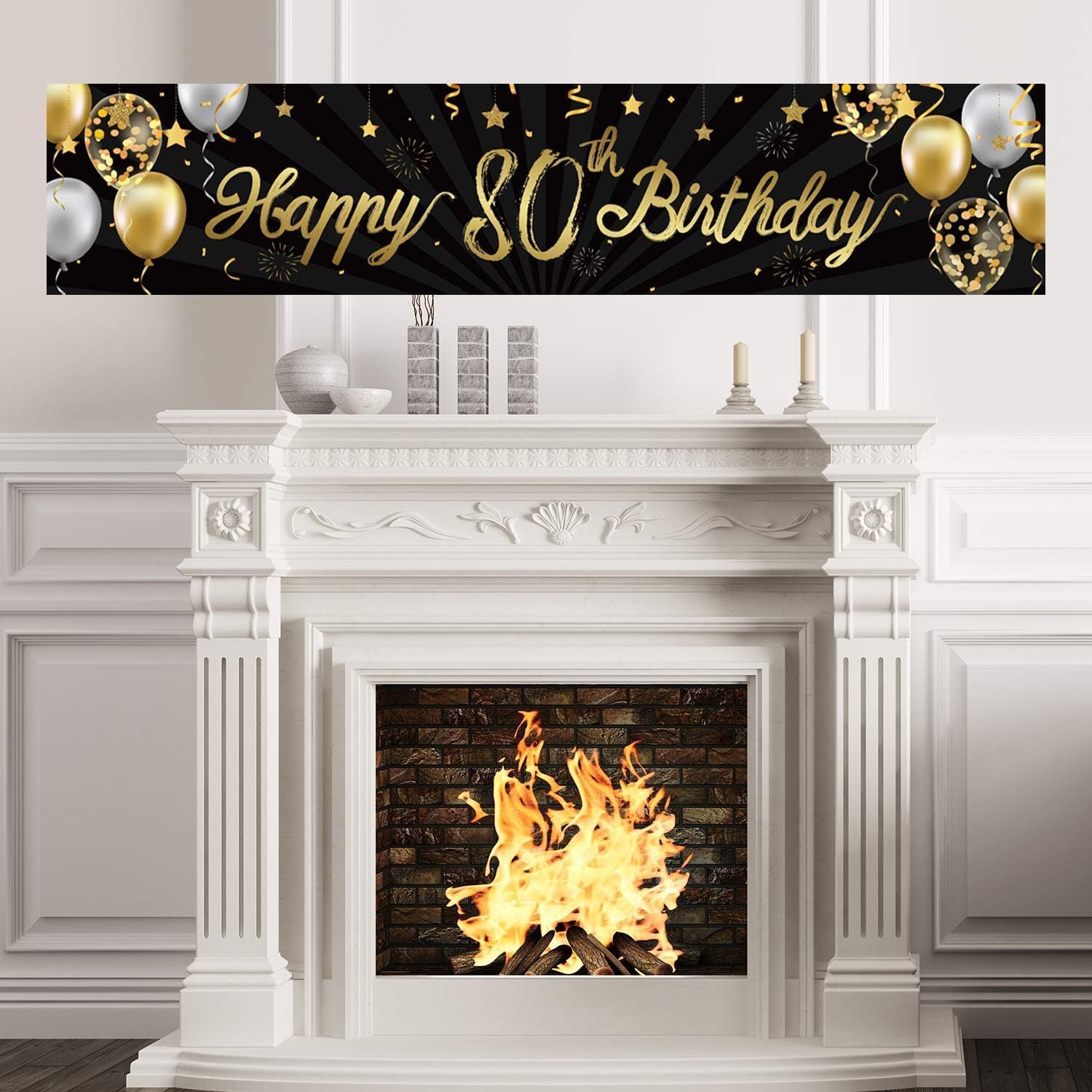 Happy 80th Birthday Banner Sign Black Gold Glitter 80 Years Birthday Party Decorations Supplies Anniversary Celebration Backdrop