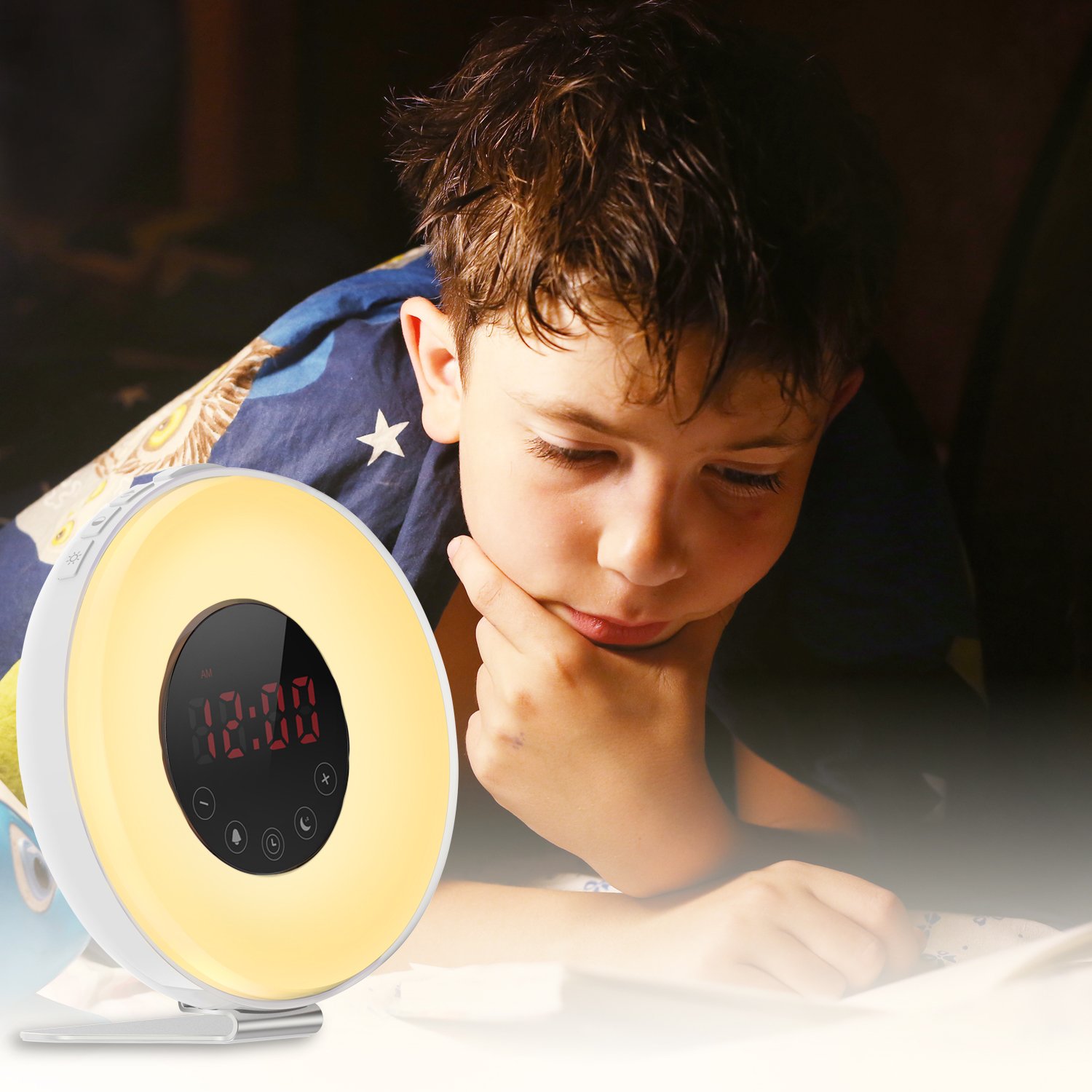 Wake Up Light Alarm Clock,Lobkin Sunrise Simulator Digital Clock with 7 Colors Light,Nature Sounds with FM Radios,Touch Control and USB Charger