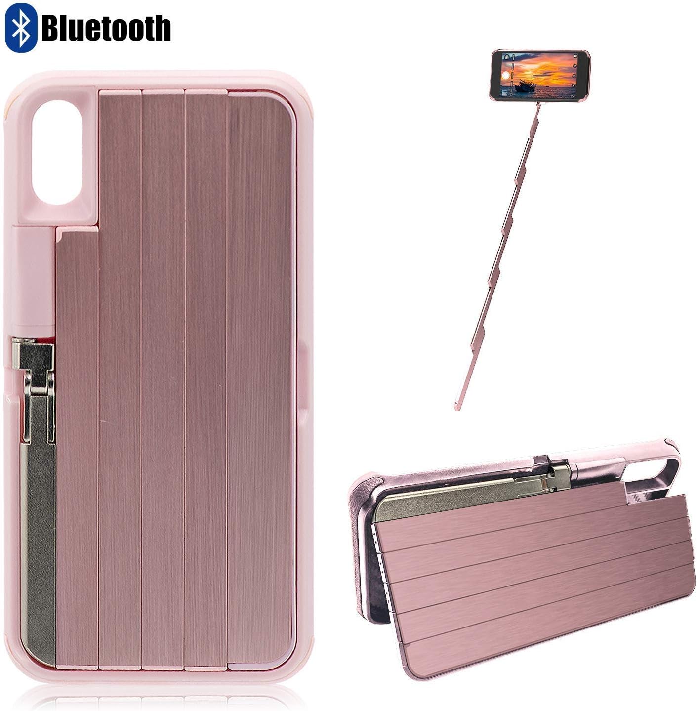 iPhone Case - Extendable Selfie Stick and Kickstand - Rechargeable Bluetooth - iPhone X, Pink