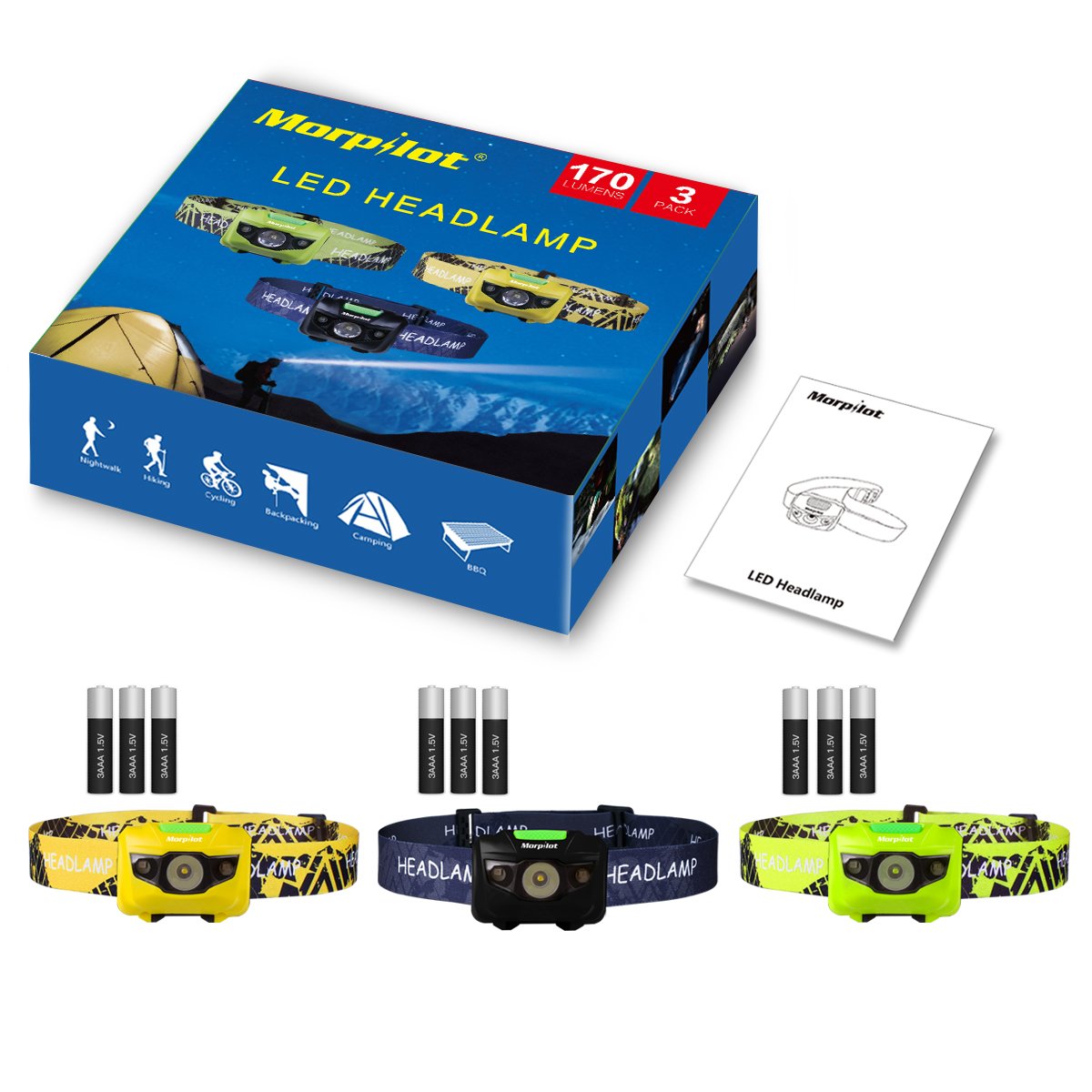 Morpilot LED Headlamp, Super Bright 180 Lumen, 5 Modes Emergency Flashlight Headlight, Waterproof Lightweight with SOS Strobe for Camping, Caving, Hiking, Walking, 3 Packs, 9 AAA Batteries Incl