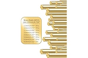 Kooca Brass Rods Assortment: 1.5, 2, 2.5, 3, 4, 5, 6, 8mm; Length 120mm; 24 Pcs for Crafts, Modeling Hobby, Gunsmithing, Knife Scales, Handle Pins, and Solid Round Dowels.
