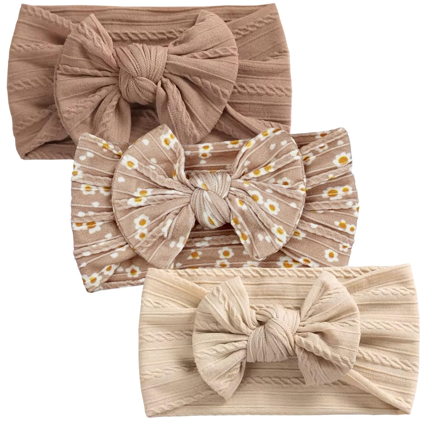 3 Peices Baby Girl Beige, Cream and Pink Cable Bow Headbands For Infant Child Girl Hair Accessories