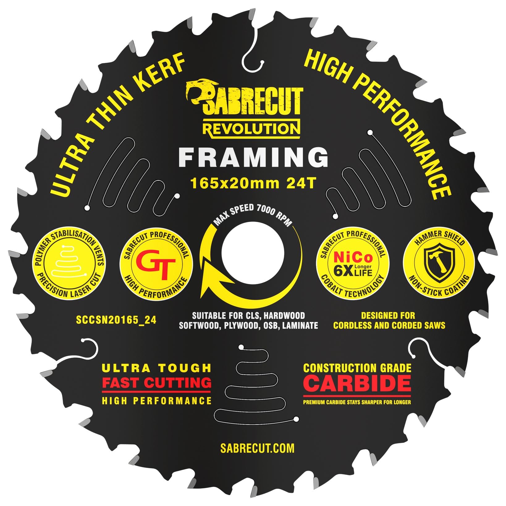 1 x SCCSN20165_24 SabreCut 165mm 24T x 20mm Bore High Performance Ultra Thin Kerf Wood Plywood MDF Chipboard Framing Circular Saw Blade