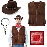 TIMSOPHIA 4 PCS Cowboy Costume Men, Western Outfits Tassel Vest for Adult with Hat Bandana Necklace for Halloween Cosplay,Brown,M