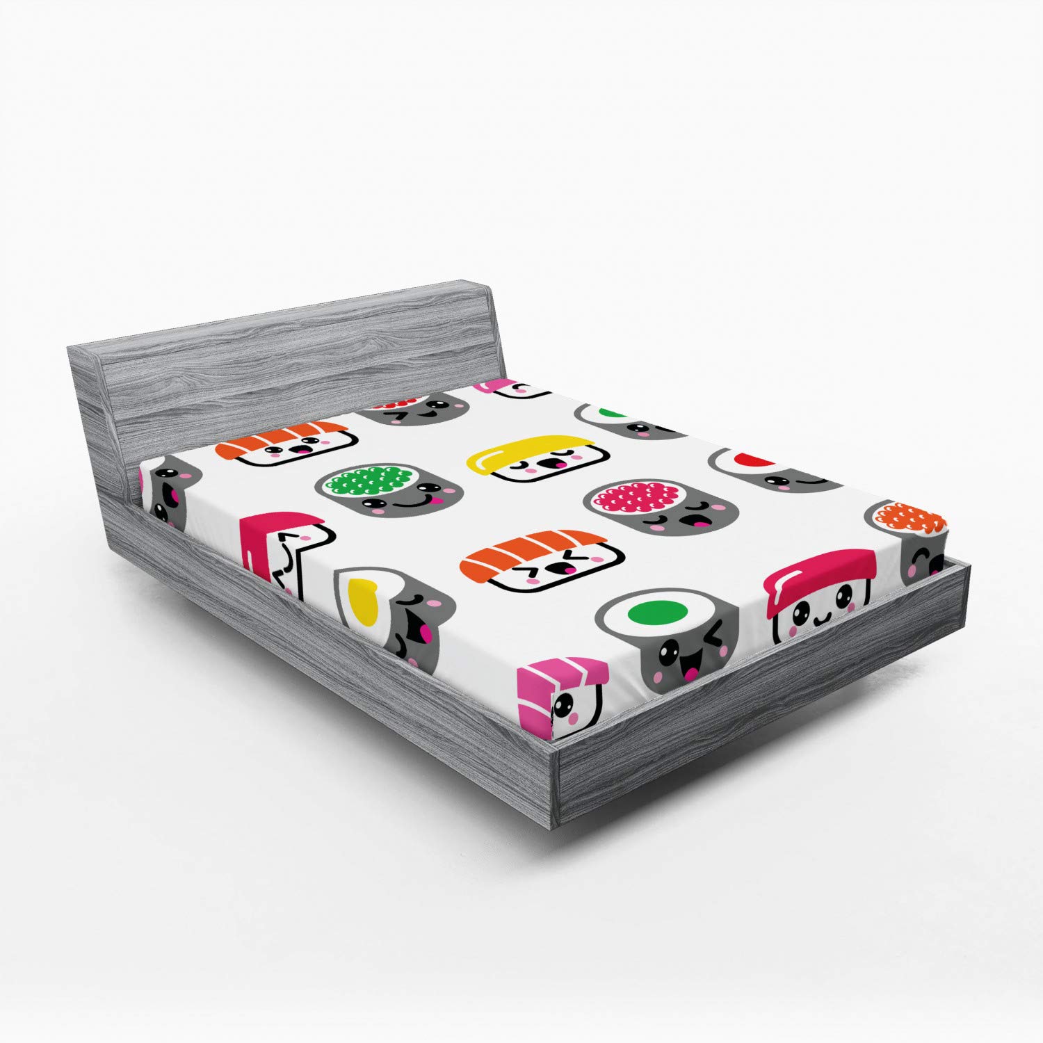 Ambesonne Sushi Fitted Sheet, Kawaii Style Sushi