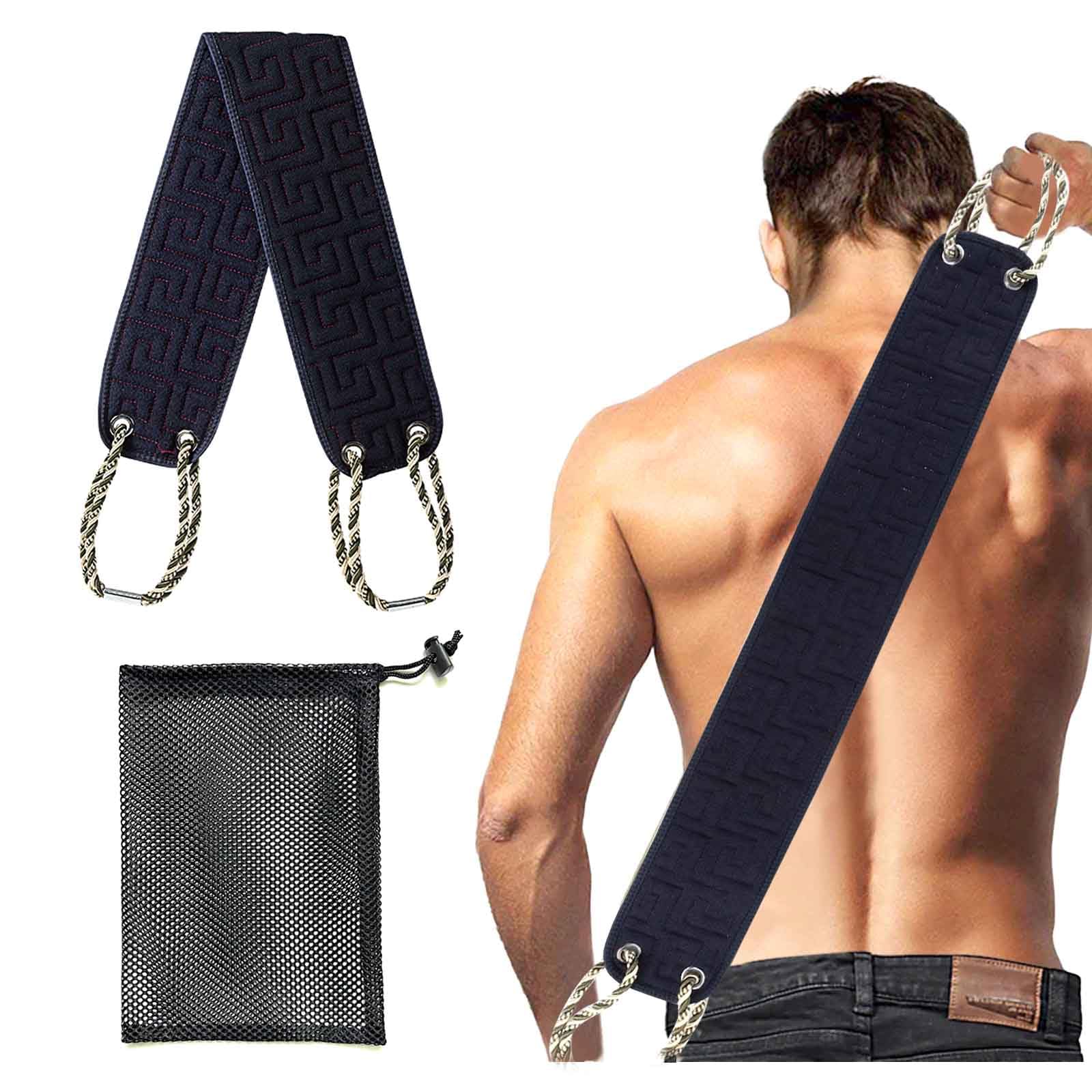 GWAWG Back Strap Scrubber with Handles, Nylon & Silicone, Exfoliating Body Washer for Men and Women, Includes Net Bag (Black)