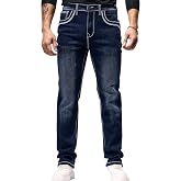 ESDVQ Men's Embroidered Classic Straight Jeans | Comfort flex waist, contrast stitching, dark wash stretch denim.