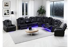 Anthato Black Leather Power Recliner Sectional Sofa Set with LED, Breathing Leather Reclining Corner Couch & Chairs, L-Shaped Recliner Sofa with Cup Holders/Storage for Living Room (Sectional+2Chair)