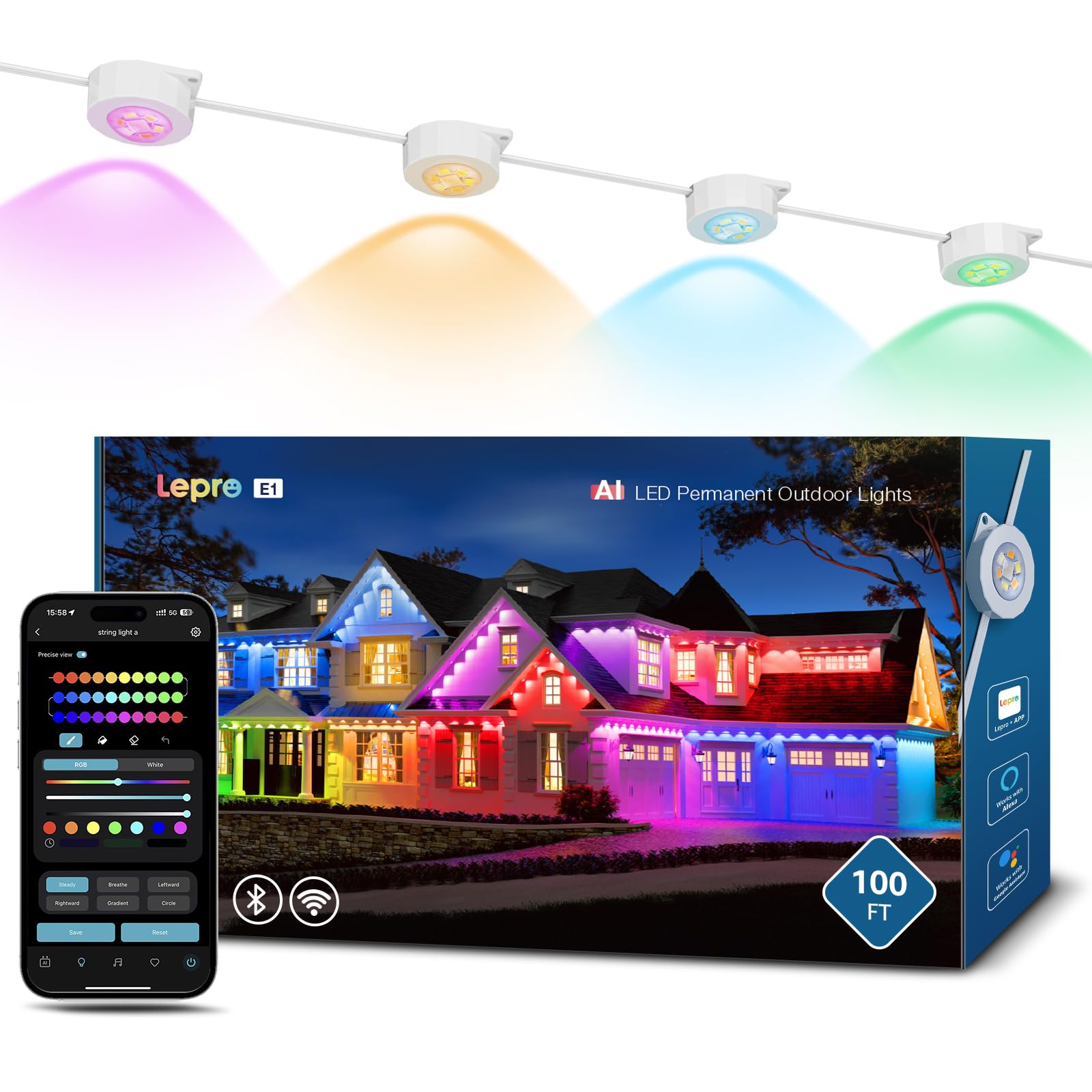 Photo 1 of Lepro E1 AI Permanent Outdoor Lights APP Control, 100ft 60 LED Smart RGB+IC+Warm/Cool White House Eave Light for Halloween Christmas, Alexa Google Enabled, 2.4 GHz WiFi/Bluetooth, NO Remote Controller