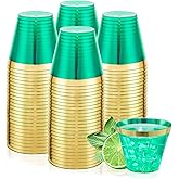 LUODA 150 PCS Green Plastic Cups,9oz Clear Green Disposable Cups with Gold Rim, Old Fashioned Tumblers Gold Rimmed Christmas Plastic Cups for Party & Christmas