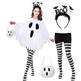 Snwquik 4 PCS Ghost Costume Women,Halloween Costumes for Women Adult | Ghost Poncho/Headband/Black and White Striped Tights/Candy Bag,Ghost Costume Women Adults,Easy Halloween Costumes for Women
