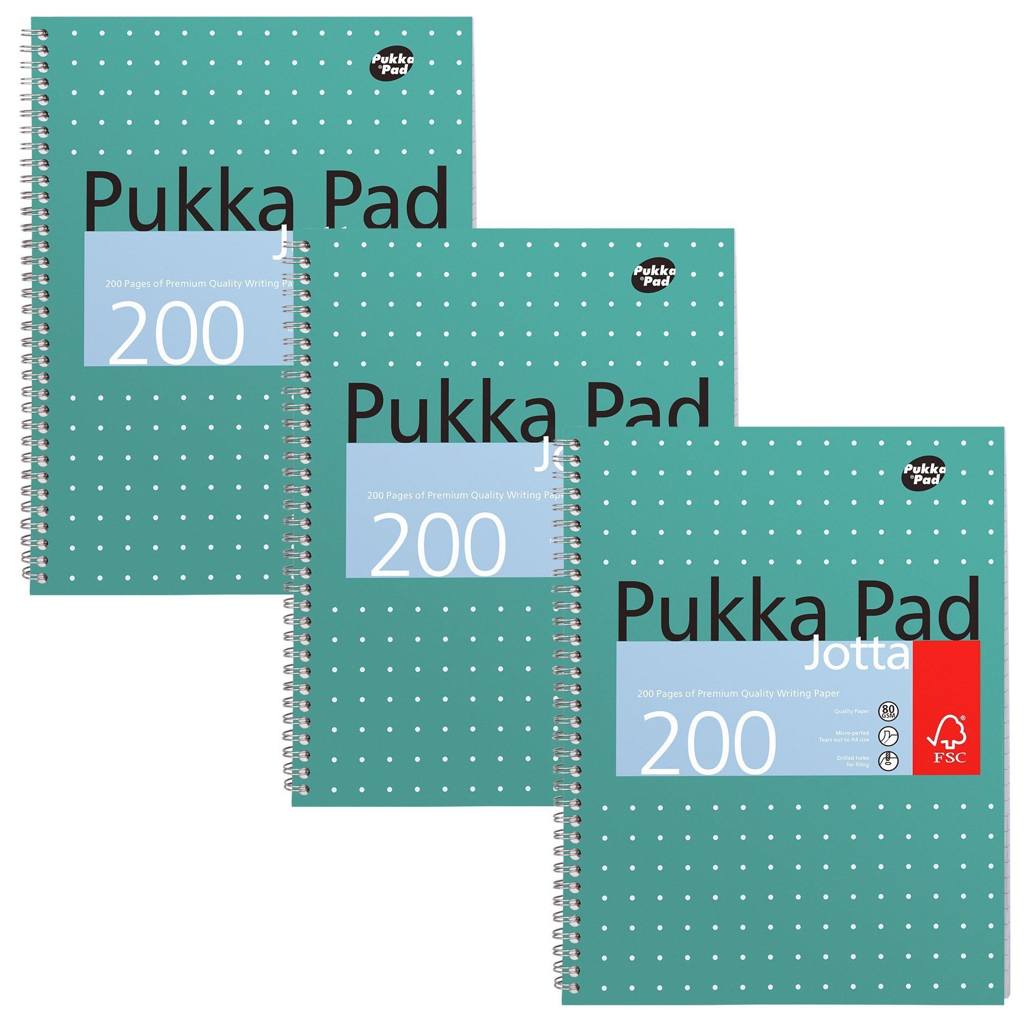 Pukka Pad, A4 Metallic Jotta Book 3 Pack โ 21 x 30cm โ Wirebound Notebook with 8mm Lines and 80GSM Paper โ Features 4-Hole Punch Margins and Perforated Edges - 200 Pages, Green โ image 1