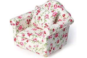CUTEMINI Dollhouse Couch with Pillow 1 12 Scale Miniature Sofa Arm Chair Living Room Furniture Wooden Fabric Frame Single Reading Chair Artificial House Room Scene Decoration (Rose Floral)