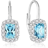 YIFSIY Rectangle Birthstone Earring for Women Cubic Zirconia Halo Drop Earrings, 925 Sterling Silver Emerald Cut Dainty Women's Jewelry Gift