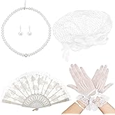 Heliltd 6pcs 1920s Fascinators for Women Tea Party Fascinator Hat for Women Black Hat Gloves Lace Fan Pearl Jewelry Set