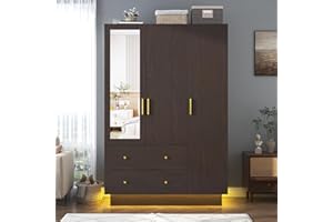 CHARTUSTRIABLE 3 Doors Armoire Wardrobe Closet with Mirror, LED Armoire with Doors and Drawers, Wooden Wardrobe Storage Cabinet with Hanging Rod, Adjustable Shelves, Brown