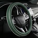 ALEMODR Green Leather Steering Wheel Cover Fiber Strip Car Steering Wheel Cover Universal 15 inch