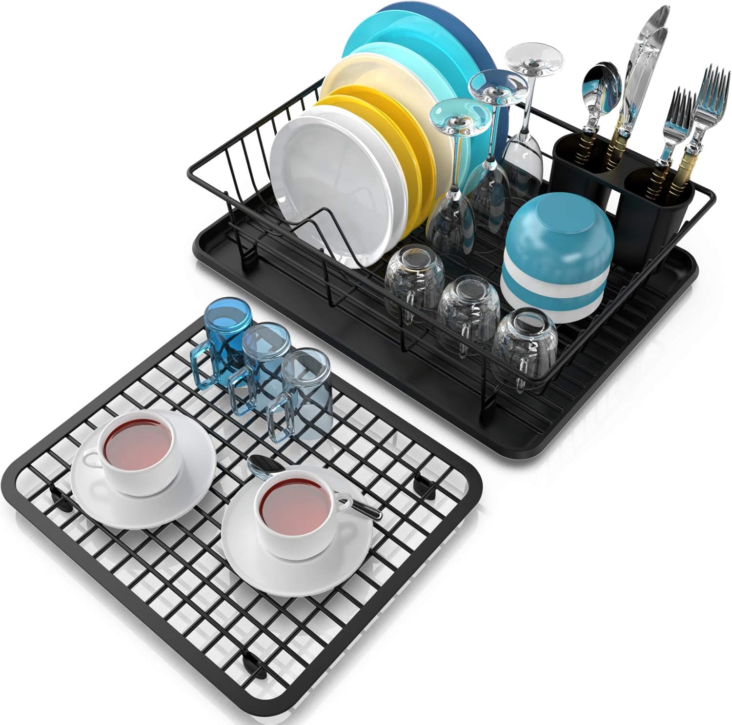 Dish Drying Rack, Packism Large Dish Rack with Water Tray, Metal Flat Dish Rack and Utensil Holder, Anti Rust Dish Drainer for Kitchen Counter Top Drying Rack for Dishes