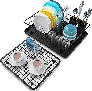 Dish Drying Rack, Packism Large Dish Rack with Water Tray, Metal Flat Dish Rack and Utensil Holder, Anti Rust Dish Drainer for Kitchen Counter Top Drying Rack for Dishes