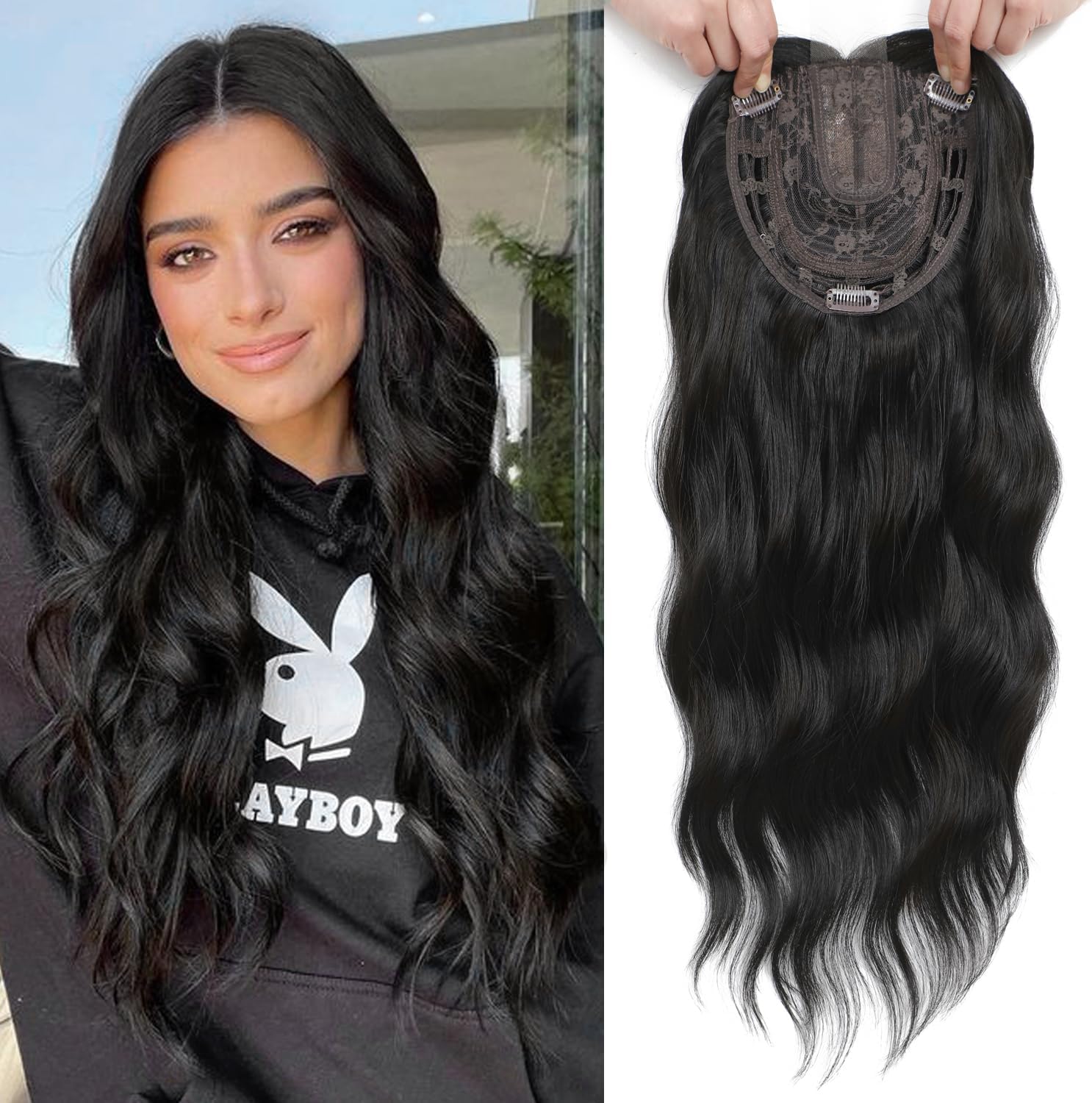 PORSMEER Long Wavy Curly Black Hair Toppers for Women Ladies Add Hair Volume,Natural Looking with Lace Base Clip In Wiglets Middle Parting