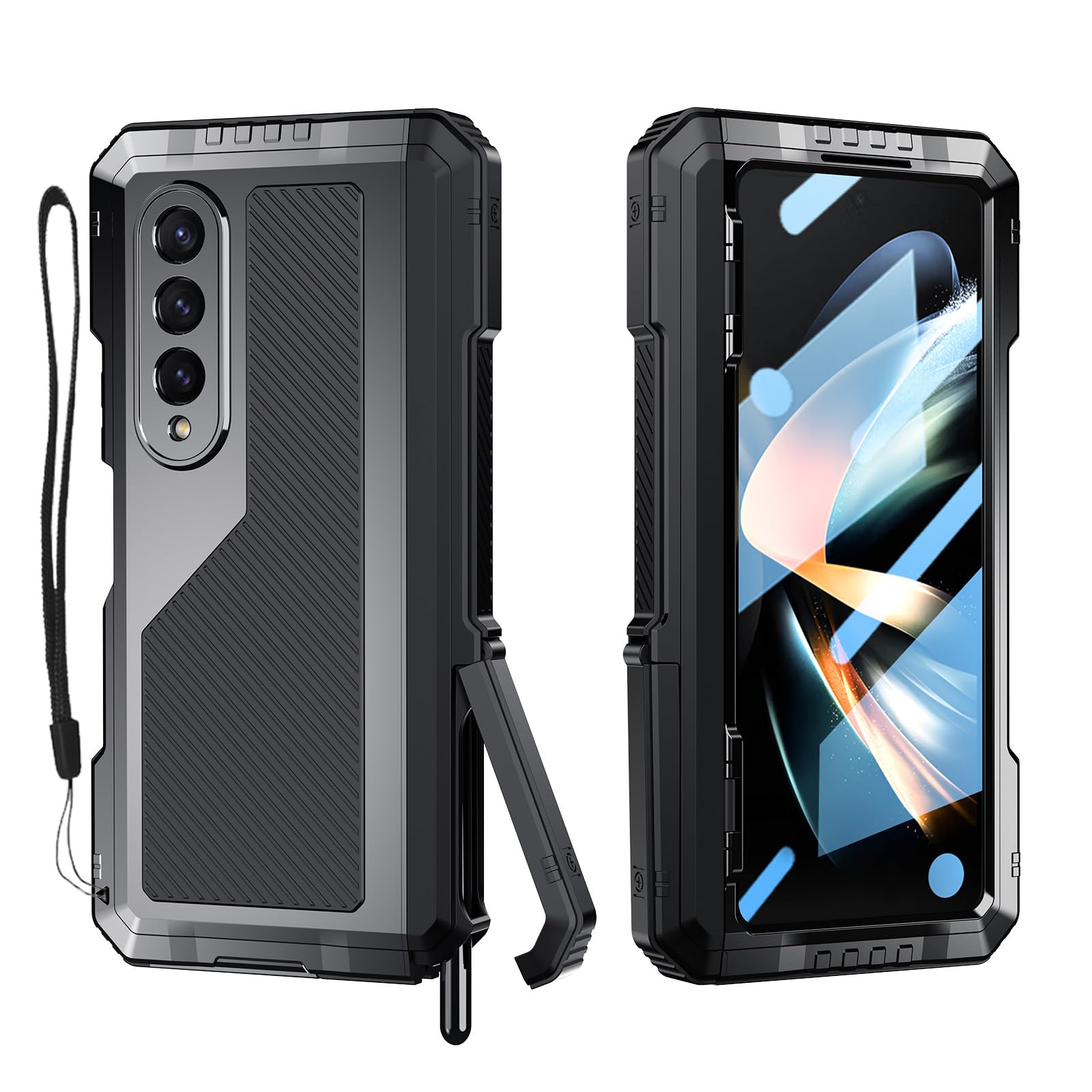 Libeagle Compatible with Samsung Galaxy Z Fold 4 Case with Metal Bumper Premium Rugged Heavy Duty Shockproof Protective [S Pen Holder] [Hinge Protection] [Screen Protector] Stand Cover 5G 2022-Black