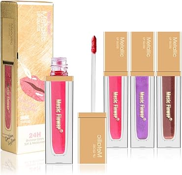Rouge à Lèvres Liquide Yvonnesly Gloss à Lèvres Waterproof Brillant Métallique Avec Longue Tenue 3 Couleur Rose Rouge Violet