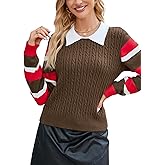 Ladyful Cable Knit Striped Long Sleeve Sweaters for Women Collared Cute Casual Pullovers Fall Christmas Fashion Top