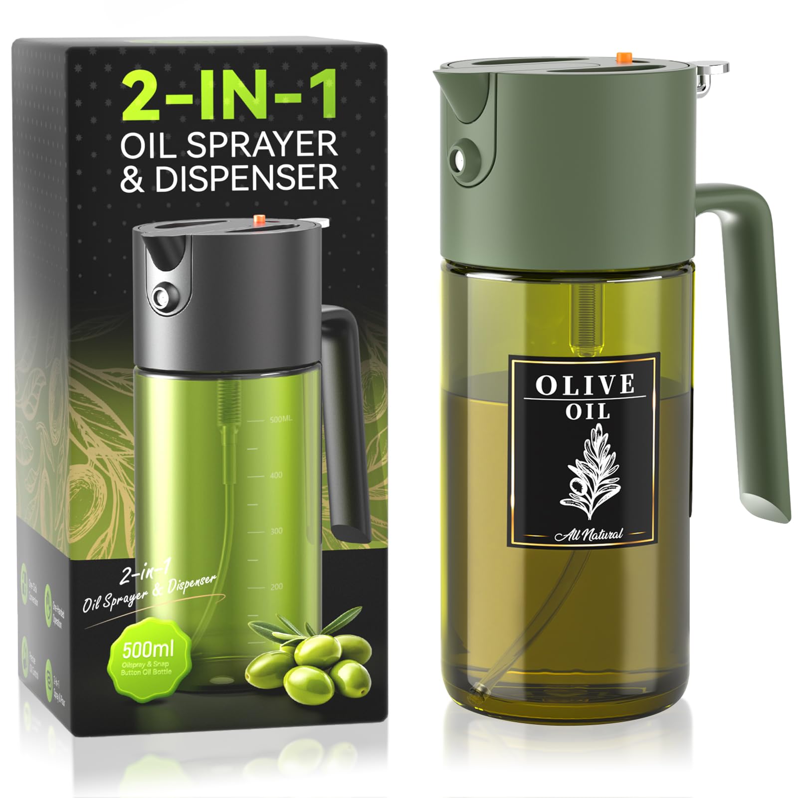Photo 1 of 2-IN-1 500ml/17oz Light-Blocking Dark Oil Sprayer for Cooking W/ Stickers, Dark Green Glass Olive Oil Dispenser Bottle for Kitchen, Even Spray with Portion Control, Perfect for Air Fryer, BBQ -Green