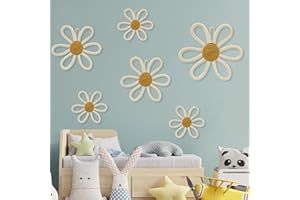 MEINV 6 Pcs Boho Nursery Daisy Wall Decor, Woven Flowers Wall Hanging Art, Beige Boho Floral Room Decor with Lanyard for Office, Toddler Baby Little Girls Kids Home Bedroom Above Bed Decorations (Beige)