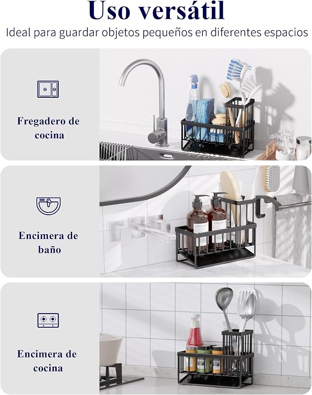 Organizador de Cozinha - Suporte para esfregar pias em aço inoxidável com ralo automático, organizador de pia com suporte para escovas para cozinha e casa de banho, 20 x 9,4 x 15,8 cm, preto