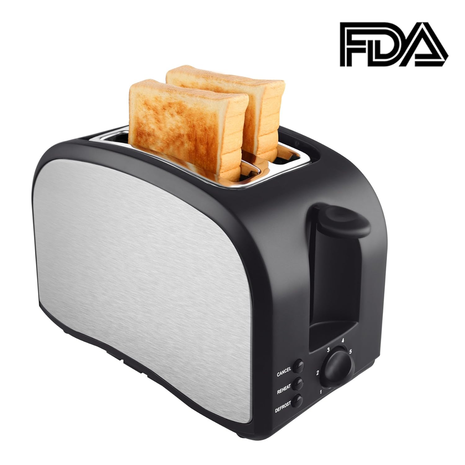 2 Slice Toaster, Toasters with 2 Extra-Wide Slots, Removable Crumb Tray, Defrost and Reheat Buttons - Brushed Stainless Steel