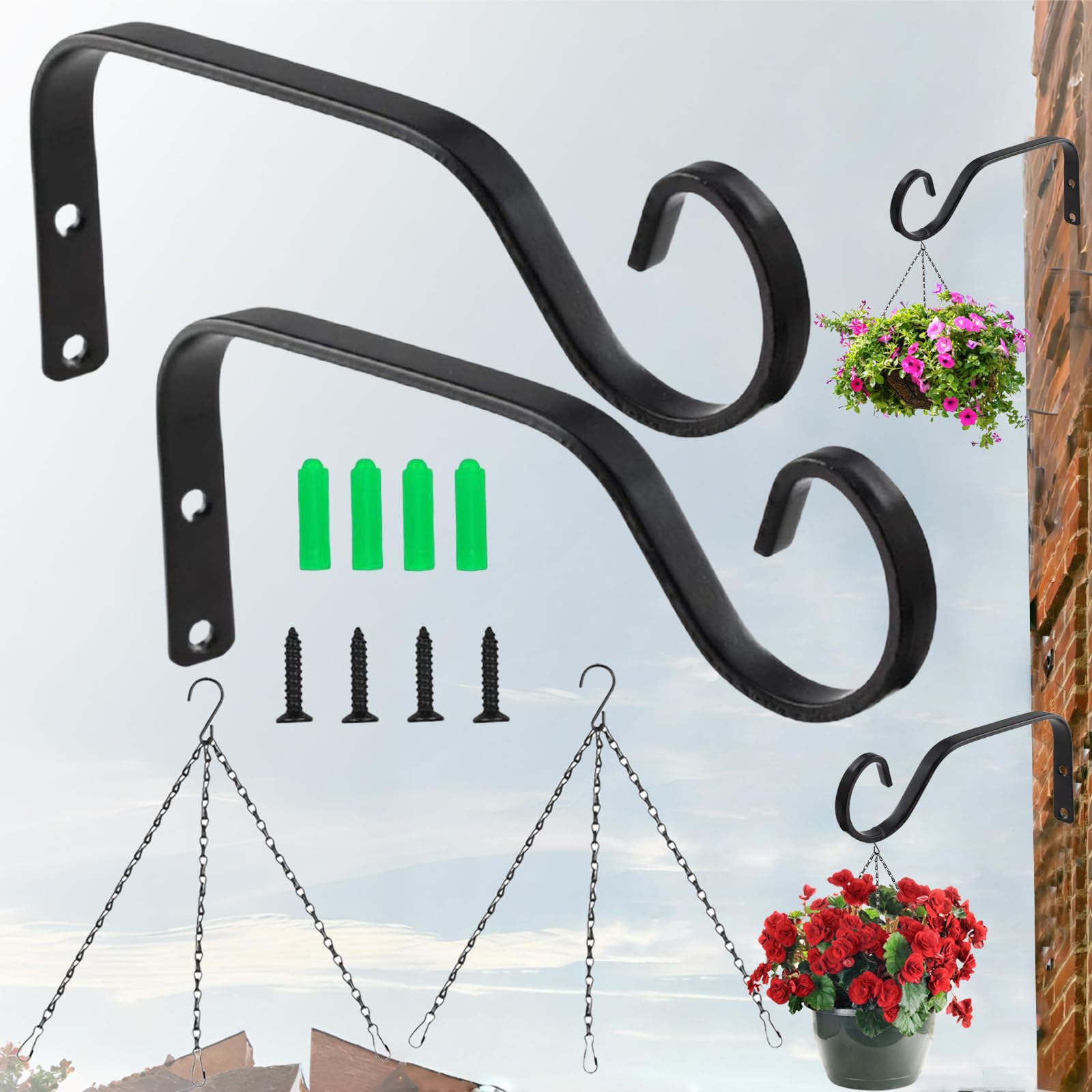 Brateuanoii 2 Pieces Forged Hook Wall Plant Support, Planter Hooks Outdoor Decoration, Retro Forged Hook for Indoor and Outdoor Hanging Flower Pots, Lanterns,Black