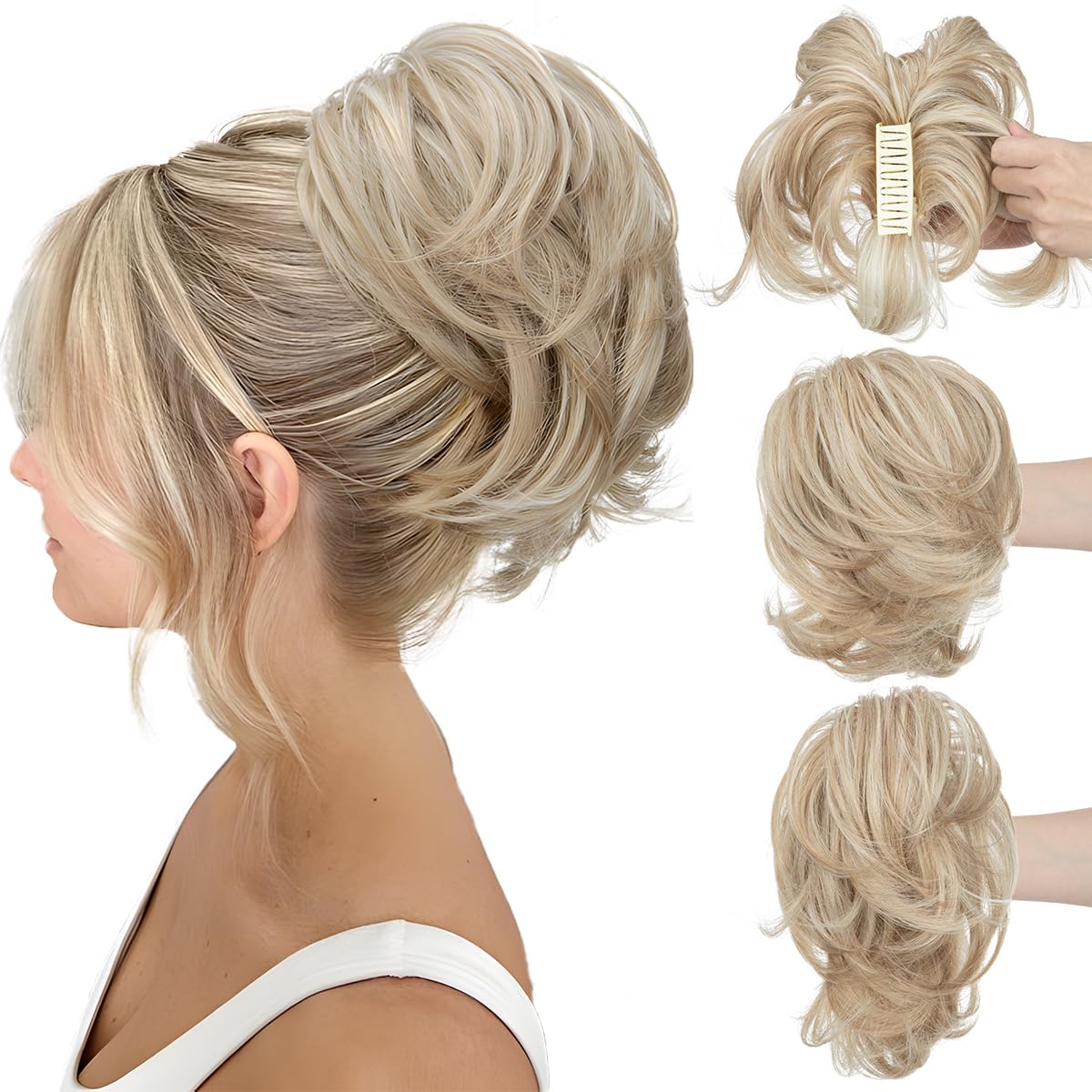Photo 1 of CJL HAIR Claw Clip Short Ponytail Hair Extensions DIY Bendable Metals Messy Bun Hair Piece for Wonen Straight Synthetic Fake Hairpieces Sunny Blonde