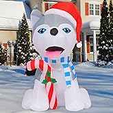GOOSH 4 FT Christmas Inflatables Dog Outdoor Decorations Blow Up Husky Dogs Holding Candy Cane with Built-in LEDs for Xmas Party Indoor Garden Lawn Decor