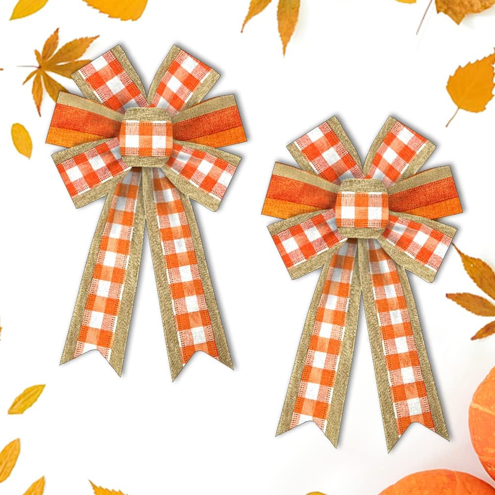 Bows & Ribbons - 2pcs Fall Wreath Bows Thanksgiving Bows Orange Strips Brown Buffalo Plaid Burlap Bows for Wreaths, Autumn Ribbon Bows Tree Topper Bows for Home Indoor Outdoor Decoration Wreath Ornament Supplies