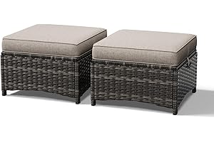 Joyside Outdoor Ottoman Set of 2, Patio Large Ottoman Foot Rest with Thickened Cushions, Outdoor Wicker Foot Stool for Porch, Deck Use