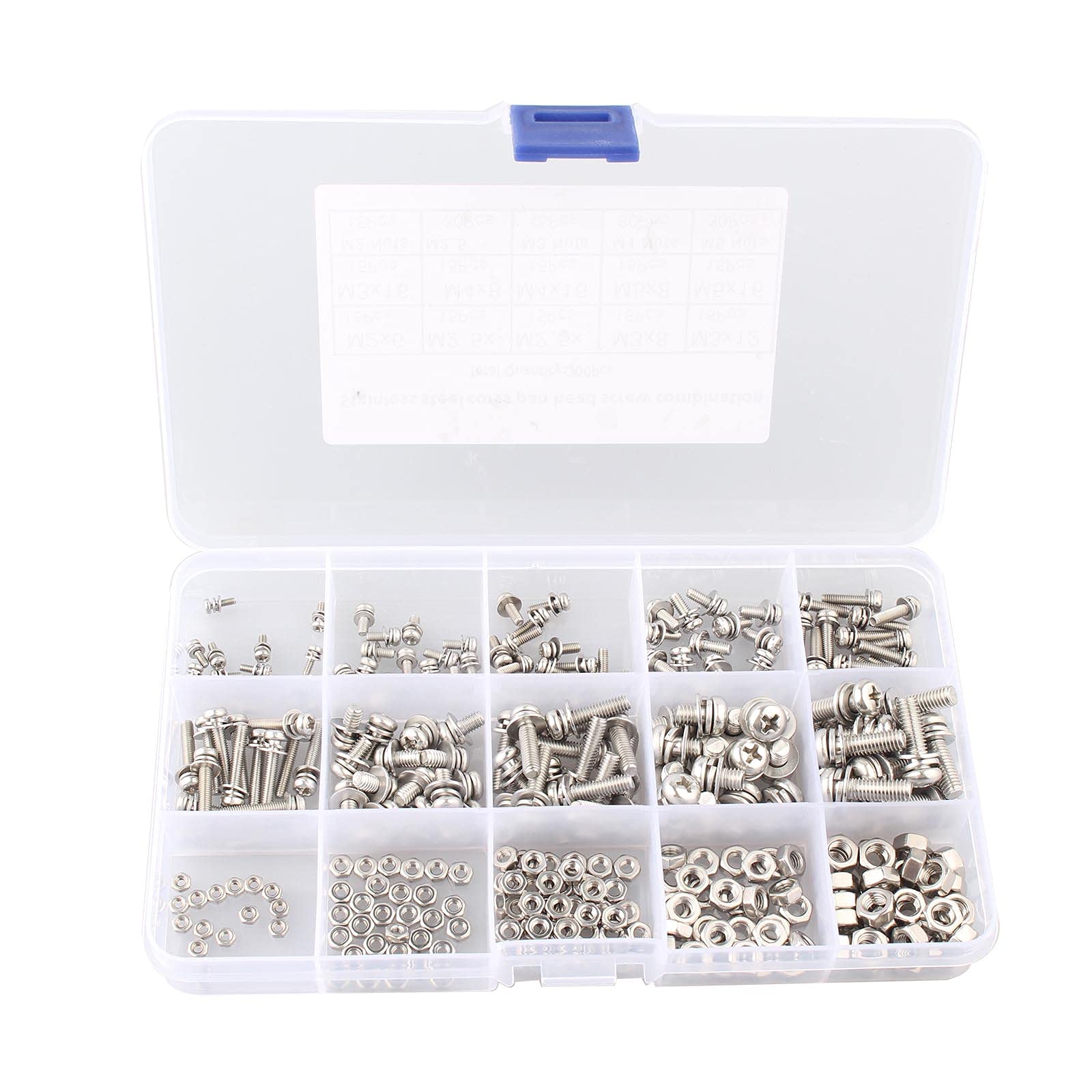 HALJIA 300PCS M2 M2.5 M3 M4 M5 Flat Cross Pan Head Screws and Hex Nuts Washer Assortment Kit 304 Stainless Steel Cross Round Pan Head Screws Nuts Set with Storage Box for Machine Fastener