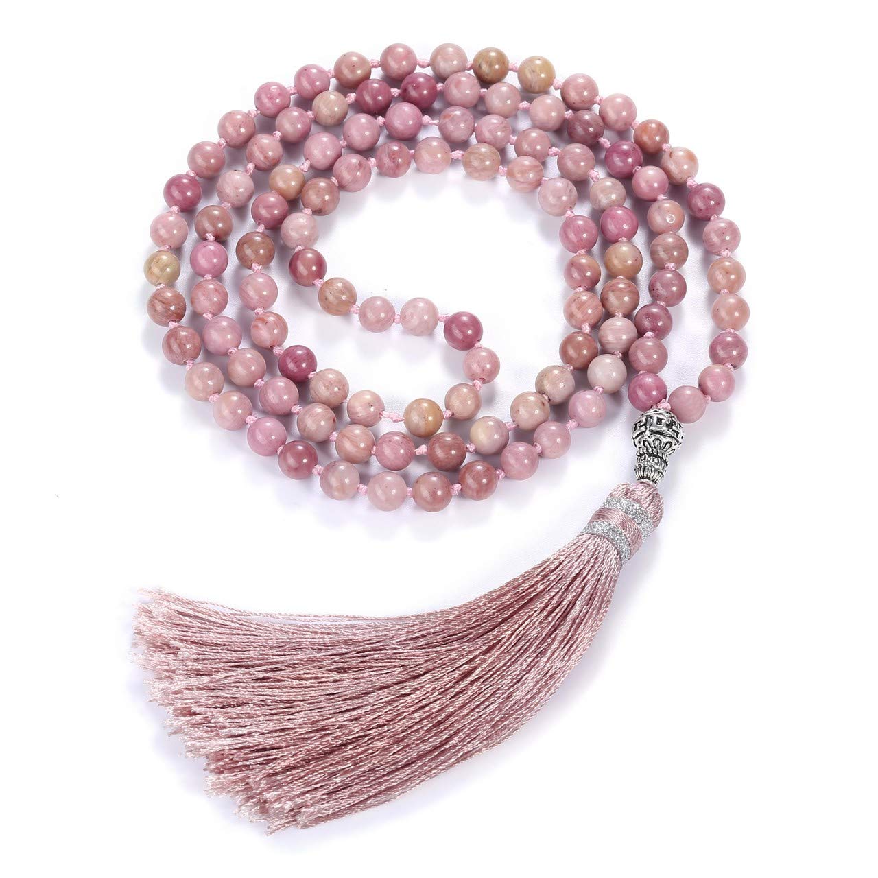 JSDDE 108 Mala Prayer Beads Wrap Bracelet Natural Rhodochrosite Crystals Gemstone Meditation Necklace Jewelry with Tassel