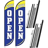 Preboun 2 Sets 12 ft Now Open Feather Flags Pole Kit for Business Advertising Feather Sign with Poles and Ground Spikes Open Flags Banner for Store Outside Signs (Blue)