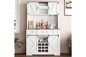 4 EVER WINNER 72" Farmhosue Coffee Bar Cabinet with Storage Shelves and 3 Drawers, Kitchen Hutch Storage Cabinet with Sliding Barn Door & Wine Racks & Wine Glass Holder, Bar Cabinets for Home/Living Room, White