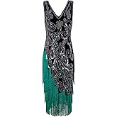 VIJIV Women's Vintage 1920s Style Peacock Sequin Roaring 20s Gatsby Party Flapper Dress