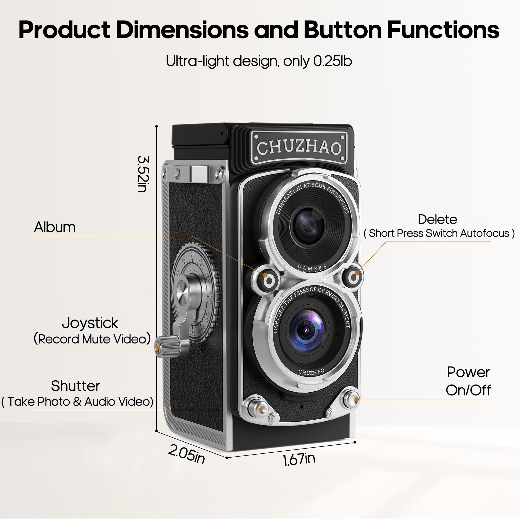 CHUZHAO Mini Retro Digital Camera - Vintage TLR Style Point and Shoot Auto Focus Vlogging Camera, Compact & Portable, 16GB Card Included, Ideal for Beginners, Teens, and Adults