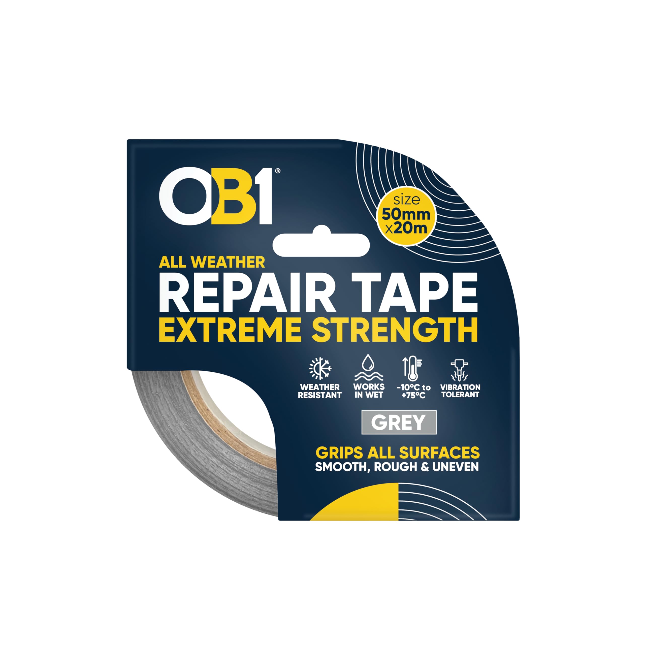 OB1 Grey All Weather Repair Tape Extreme Strength - Ultra Strong Waterproof Duct Tape - Maximum Bond Strength - Heat, Water & UV Resistant - Indoor & Outdoor Use - 50mm x 20m Roll