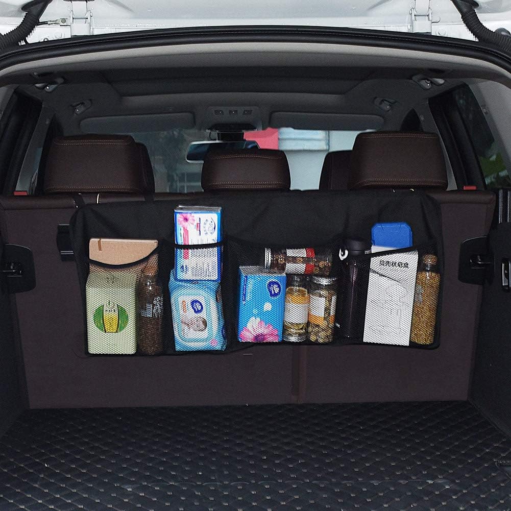 Car Trunk Organizer, 4 Pocket Auto Trunk Organize for SUV, Backseat Trunk Organizer, Waterproof, Dust-proof, Durable Foldable Cargo Net Storage for More Trunk Space, Black