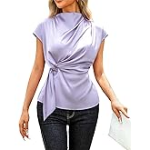VIDUSSA Womens Dressy Casual Tops - Silk Satin Work Blouse Mock Neck Cap Sleeve Ruched Tie Front Peplum Tunic Shirts
