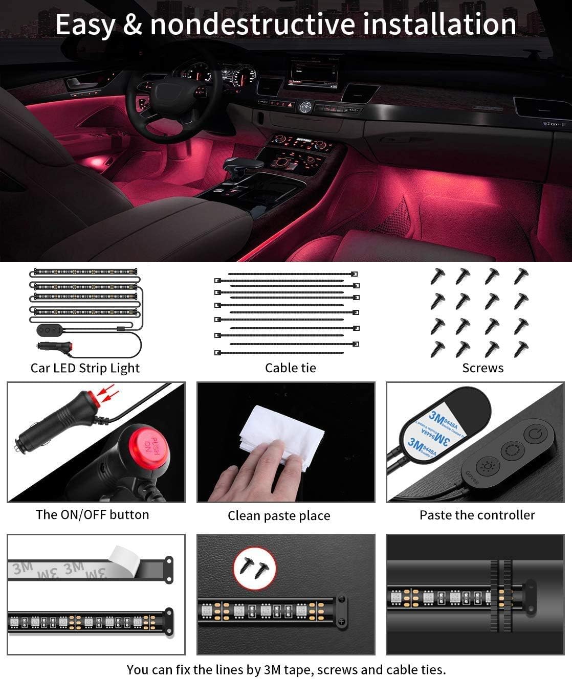 Govee Interior Car Lights, Car LED Strip Light Upgrade Two-Line Design Waterproof 4pcs 48 LED APP Controller Lighting Kits, Multi DIY Color Music Under Dash Car Lighting with Car Charger, DC 12V: Automotive
