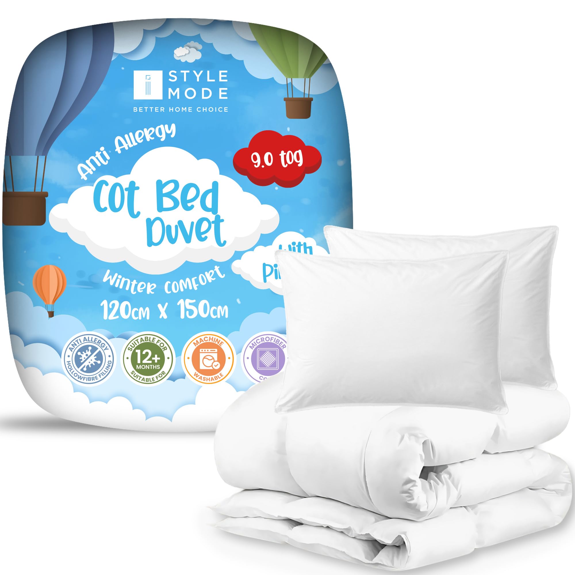 Cot Bed Duvet 4.5 Tog – Lightweight Soft Snug Nursery Quilt for Kids, Toddlers – Hypoallergenic, Anti Allergy & Machine Washable - 120cm x 150cm (9.0 Tog Cot Duvet + 2 Cot Pillow)